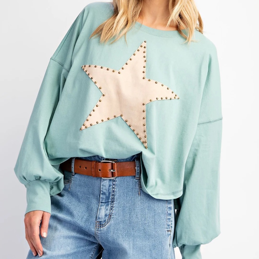 NWT Easel Los Angeles Aqua Star Studded Swing Top Oversized Balloon Sleeve M